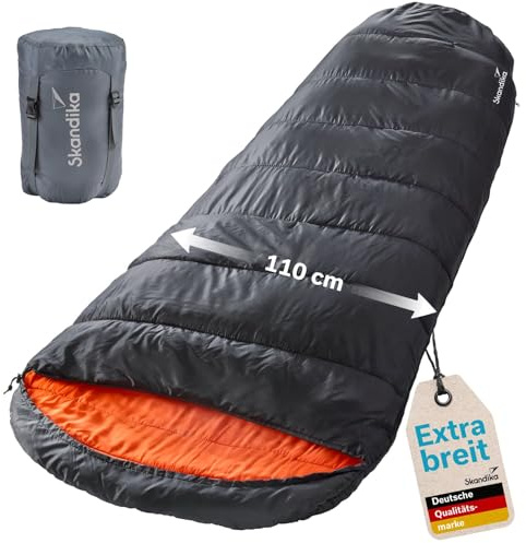 Skandika Schlafsack Vegas XXL Mumienschlafsack mit/ohne Polycotton Innenfutter, für Erwachsene Doppelschlafsack, 3 Jahreszeiten, bis -12°C, 220 x 110 cm | Winter Outdoor Camping(Schwarz/Orange
