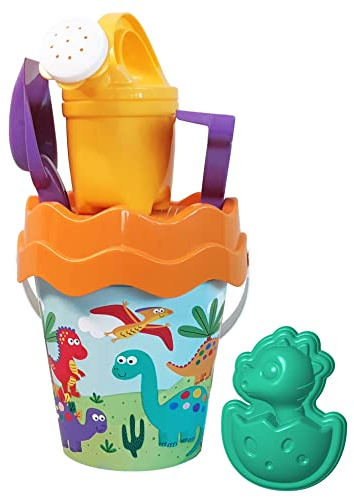 Dino Eimergarnitur, Sandspielzeug, 6 Teile, Eimer, Sieb, Sandform, Schaufel, Rechen, Gießer, 16cm, D:17cm, ab 10 Monate