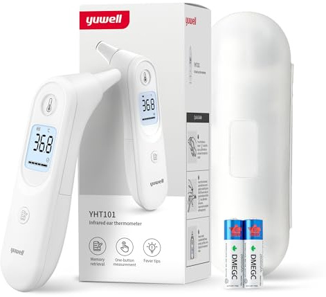 yuwell Fieberthermometer für Kinder und Erwachsene | Medizinisches Ohrthermometer, Baby- und Kinderfreundlich | Messung in Sekunden, Hohe Temperatur Warnung, Großes Display, 7 Messwertspeicher
