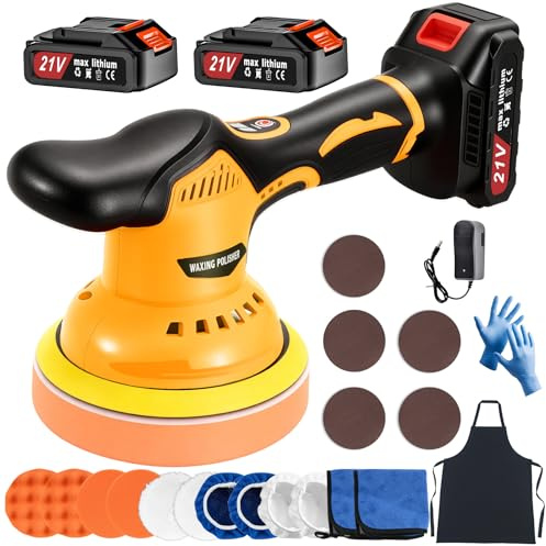 Poliermaschine Auto Akku 8 Variable Geschwindigkeiten, 6 Inch Exzenter Poliermaschine Auto 5500RPM für Auto Detailpflege, Mini Car Polishing Machine Set mit 2*21V Batterie und 22pcs Aufsätze (Gelb)