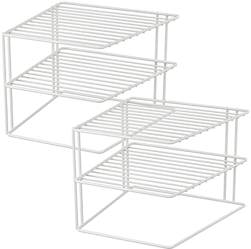 Quantio WELLGRO 2er Set Schrankregal Weiß – 2-Etagiges Metalltellerregal für Schrank und Vorrat – Platzsparender Küchenorganizer, stapelbar, 25x25x20 cm
