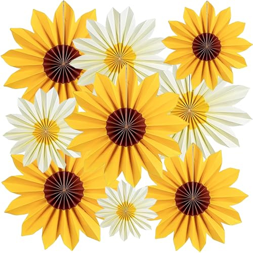 9 Stück Papierblumen Deko Hängend,Papierfächer Blumen Dekoration für Geburtstagsfeiern, Hochzeiten, Tea Party & Tischdeko (Orange Sonnenblumen)