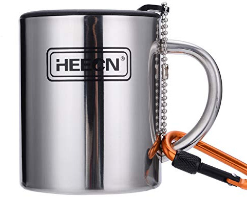 HEECN® Camping Becher Mit Deckel und Karabiner - Edelstahl Tasse - Thermo - Kaffeebecher - Doppelwandige Isolierbecher BPA-frei HESS-038BBK 260ml Mit Drehbarem Trinkdeckel