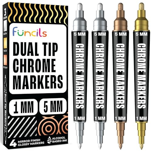 Funcils Chrom Lackstift Set - 4 Lackstifte Dual Spitze: 2x Silber, 1x Gold, 1x Kupfer | Lackstift Silber Metallic Auto, Chrom Farbe Gold, | Silberstift Metallic wasserfest für Auto, Glas, Metall