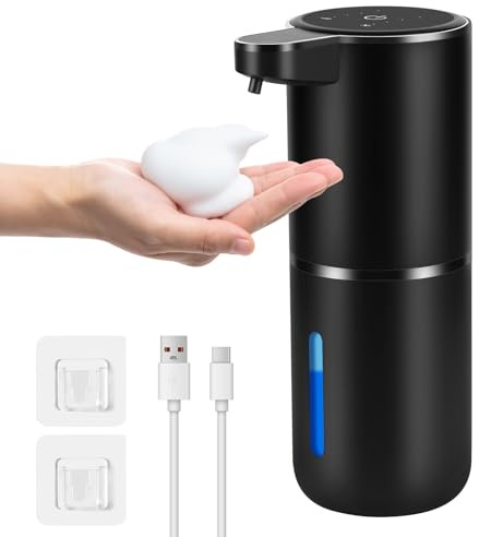 Gaethra Seifenspender Automatisch, 380ml Elektrischer Seifenspender mit Sensor, Schaumseifenspender mit USB Wiederaufladbar,4 Stufen Verstellbar Seifenspender Wandbefestigung (Schwarz, Schaumspender)