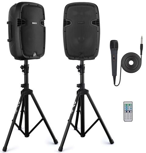 Pyle PA Anlage, 1000W- PA Anlage Komplettset, Lautsprecher mit Mikrofon, Partybox Bluetooth, DJ Lautsprecher- mit 2- Boxenständer, USB/SD/MP3/AUX, Fernbedienung, Aktive/Passive- Lautsprecher Paar