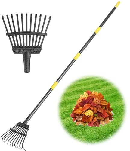 Rechen Garten, Laubrechen mit Stiel Metall mit 11 Zinken, 177 cm Einstellbar Gartenrechen mit Metall Stiel für Laub, Hof, Sträucher, Blumenbeete
