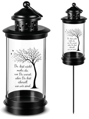 Nezyo Grablaterne mit Erdspieß Grablaterne Friedhof Wetterfest 49,5 cm | Grablampe, Laternen für Draußen, Laterne auf Stab, Grablicht mit 2 Aufkleber, Grabschmuck für Opa Oma Papa Mama, Schwarz