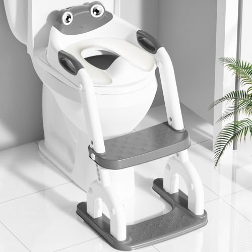 Toilettensitz Kinder mit Treppe – 8-fach Höhenverstellbar & Extra Breites Trittbrett – Rutschfester Toilettentrainer mit Weichem Sitz & Spritzschutz – Faltbarer Kinder WC Sitz, Frosch-Design