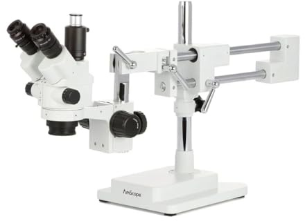 AmScope SM-4NTP Simul-Fokales Stereo Lockable Zoom Mikroskop auf Doppelarm-Auslegerständer, 7X-45X, Weiß