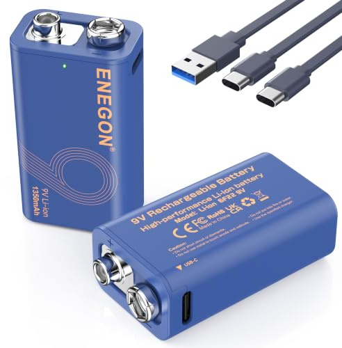 ENEGON 9V 2er-Pack Wiederaufladbare Batterie (1350mAh) mit Type-C-Ladung | in 3 Stunden Vollständig Geladen, Hochkapazitäts-Li-Ion-Akku für Rauchmelder, Multimeter, Drahtlose Mikrofone