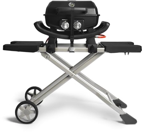 BURNHARD® WAYNE Gasgrill 2-Brenner mit Rollwagen, Balkongrill bis 390°C | Fahrbarer Balkongrill: 2 Edelstahlbrenner, Gusseisen-Grillrost, Piezozündung, Abdeckhaube, 4,4 kW