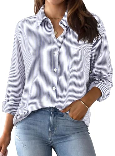 Xnova Bluse Damen Langarm Gestreifte, V Ausschnitt Button Down Hemd Oberteile Tops Baumwolle Streifenbluse, Elegante Hemdbluse Blusenshirt Casual Büro Basic Shirt Business Outfit