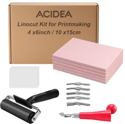 Acidea Gummistempel Schnitzblöcke Linoldruck Platte Set, mit 5 Stück 10x 15cm Linolplatten, Bildhauerwerkzeugen, Pauspapieren und Brayer Roller, Linoleum Druck Set für Druckgrafiken Kunsthandwerk