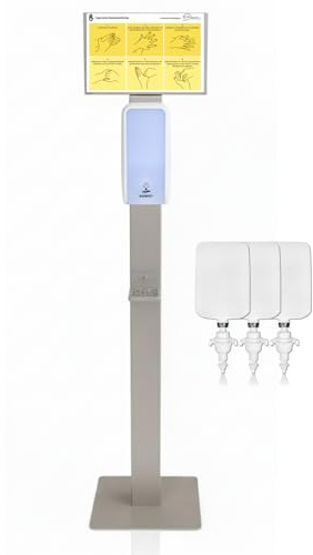 Blanc HYGIENIC Cosmos Sensor-Desinfektionsstation Weiß + 3 L | Freistehende Sensor-Desinfektionsstation mit Edelstahl-Bodenständer, 3 × 1 Liter und bis zu 3.000 Anwendungen