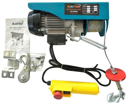 KATSU Elektrischer Seilhebezug 250KG 550 W mit 18M Stahlseil Hebezug Seilzug und Fernbedienung Elektrische Seilwinde Motorwinde Elektroseilzug für Garage, Autowerkstatt, Deckenhebebühne