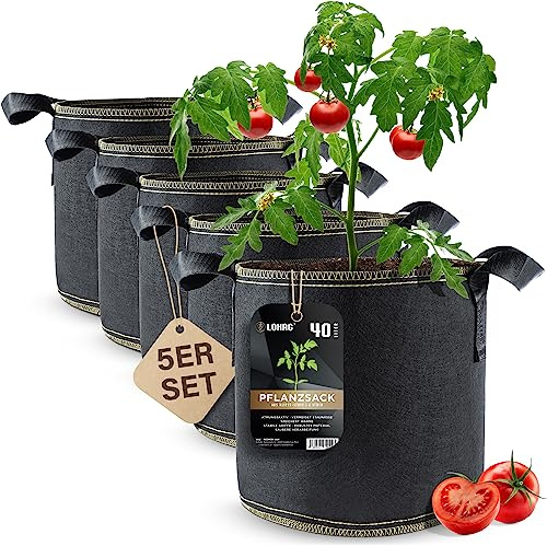 lohag® Premium Vliesstoff-Pflanzsack - 40 Liter, 5er Pack | Perfekt für Kräuter, Blumen, Gemüse & Zimmerpflanzen | Robuste, Wiederverwendbare Pflanzbeutel - Die Gesunde Alternative zum Blumentopf