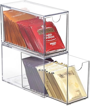 OGANAZI 2 Stück Transparent Teebeutel Organizer Acryl Teebox mit Schubladen | Stapelbar Schubladenboxen für Kaffeekapseln, Süßigkeiten Teebeutelbox für Arbeitsplatten, Küchenschränke, Speisekammer, Büro