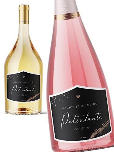 JoliCoon Flaschenetikett Patentante fragen, Willst du meine Patentante sein | Strukturiertes Perlmuttpapier, selbstklebend, zuverlässige Haftung, für Wein-, Sekt-, Prosecco- und Geschenkflaschen