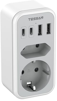 TESSAN Doppelstecker für Steckdose, Steckdosenadapter mit USB C, Mehrfachstecker für Steckdose 3600W, Doppelsteckdose für Phone und Haushaltsgeräte, Mehrfachsteckdose mit 4 USB, Grau