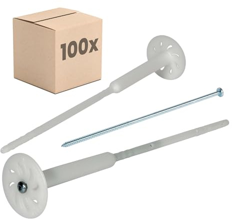 PROTEKTOR 100x Vormontierte Dämmstoff-Schraubdübel Ø8 x 300mm | Kunststoff, WDVS-Dübel für Fassadendämmung, vormontiert mit verzinkter Stahlschraube, Wärmedämmverbundsystem