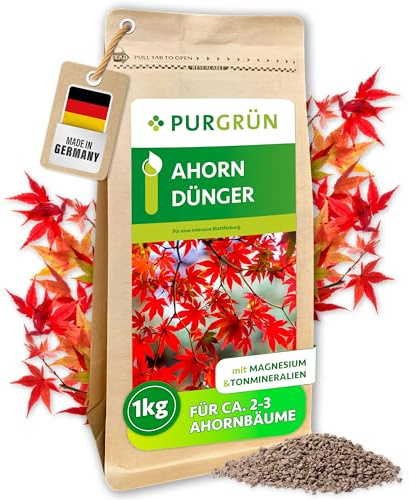 Purgrün® Ahorn-Dünger 1 kg – Organisch-mineralische Rezeptur – Feinkörniges Krümelgranulat – NPK 9+4+8 – Mit Magnesium & Tonmineralien – Extra Kalium für Widerstandsfähigkeit – Für gesunde Ahornbäume