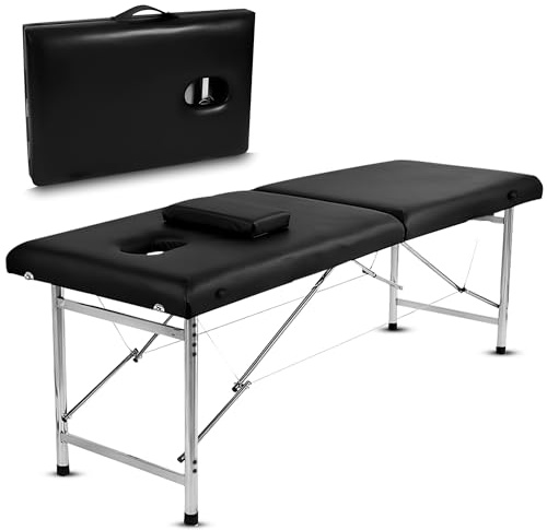 Fitby Massageliege klappbar Maya, Kosmetikliege, Aluminium, Schwarz | Massagetisch und Tattoo Liege, 2 Zonen, Gesichtsöffnung, Kunstleder, Tragegriff, 180 x 60 cm, Höhe 60-80 cm
