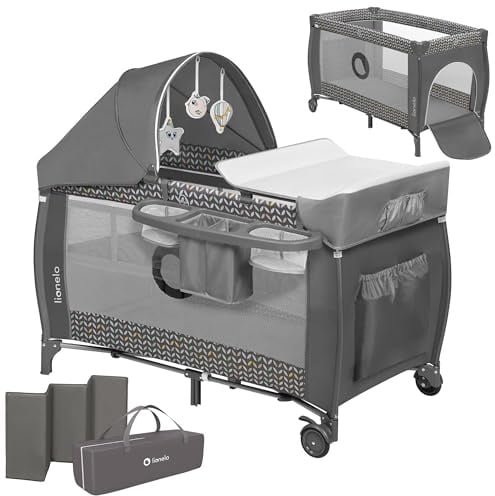 Lionelo Sven Plus 4 in 1 Baby Bett ab Geburt bis 15 kg Wickelauflage Moskitonetz luftige Seitenwände mit Seiteneingang Tragetasche zusammenklappbar