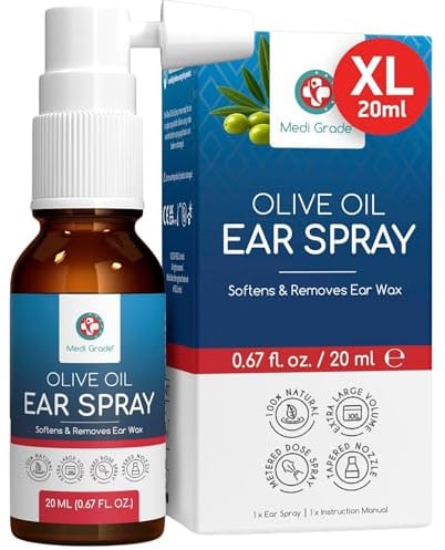 Medi Grade Olivenöl Spray Ohrenschmalz Entferner Spray bei Verstopften Ohren, 20 ml – 100% Natürliches, Weicht Verhärtetes Ohrenschmalz auf und Ablagerungen – Über 50 Effektive Ohrenreinigung Spray