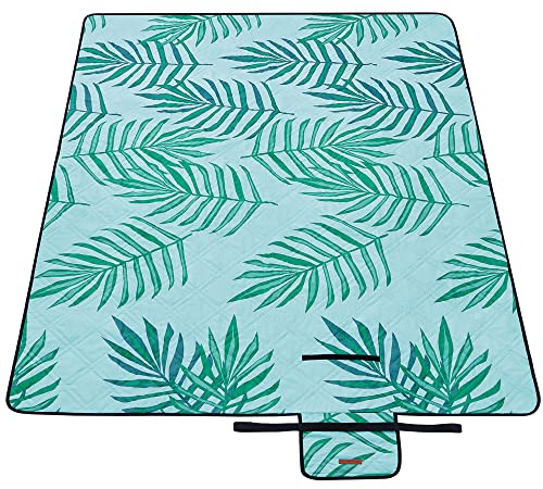 SONGMICS Picknickdecke, 300 x 200 cm, großer Teppich, für Camping, Park, Garten, Strand, wasserabweisend, maschinenwaschbar, faltbar, Farnmuster und Hellblau, GCM001Q03