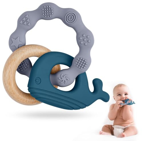 Vicloon Beißring Baby, Beißspielzeug Zahnungshilfe aus Silikon & Holz, BPA-frei, Waltierform, Zahnen Nursing Zubehör für ab 3 Monaten Babys, Mädchen Junge Geschenk (Wal-Blau)