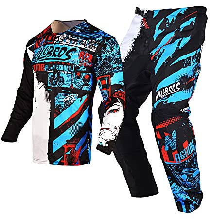 Willbros Jugend Jersey Hose Combo Kinder MX Motocross Getriebesatz Kinder Rennanzug Offroad MTB ATV Motorrad Jungen Mädchen Blau YXL