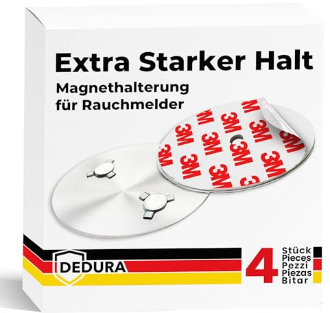 Rauchmelder Magnethalter 4er Set mit extra starken Klebepads - ohne Bohren und Schrauben - Magnethalterung geeignet für alle gängigen Rauchmelder und Feuermelder - Selbstklebende Befestigung