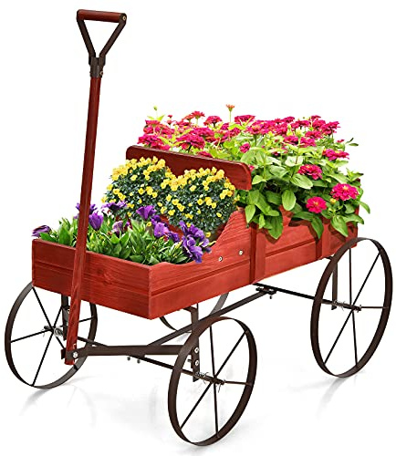 RELAX4LIFE Blumenständer mit 4 Rädern aus Metall, Pflanzwagen aus Massivholz, Holzwagen bis zu 15 kg belastbar, Blumenwagen Bollerwagen Deko (Rot), 62 x 34 x 60 cm (L x B x H)