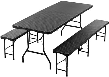 Thanaddo Buffettisch Gartentisch Bierzeltgarnitur Tisch, klappbar 3-teilig Set, 180x74 cm Kunststoff Campingtisch, Rattan-Look für bis zu 8 Personen, robuste wetterfest Biertisch Set, Anthrazit