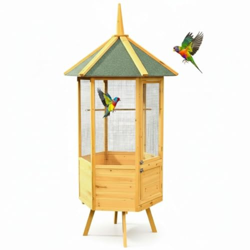 Melko Vogelvoliere Vogelkäfig Vogelhaus 6-eckig XXL Holz 74x74x194 cm Braun | verzinkter wetterfester Draht, 2 herausziehbare Bodenschubladen zur Reinigung, vorimprägniert, große und separate kleine Tür