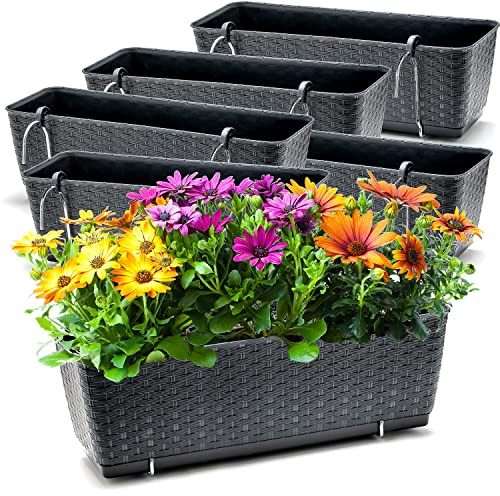 BigDean 6 Balkonkästen mit Metall Halterung 49 cm lang & Bewässerungssystem | Blumenkästen für Balkon Geländer Farbe Anthrazit in Rattan-Optik 49 x 17 x 17 cm