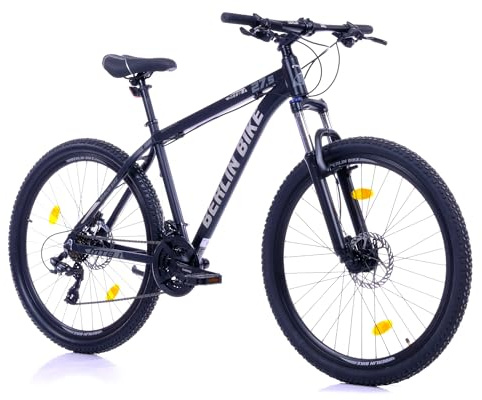 BERLIN BIKE Mountainbike MTB1 – mit komplettem Shimano Set - 21 Gang Shimano FD-TZ500/RD-TY300D, Dacron Hydraulische Scheibenbremsen (Schwarz-Silber, 27,5 Zoll und 46 cm Rahmenhöhe)