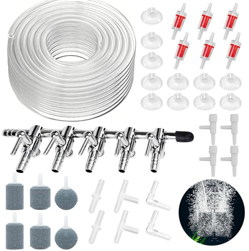 Annickee 66PCS Air Luftpumpe Zubehör, Aquarium Zubehör inkl. 5-Wege Luftverteiler, 10M Silikonschlauch, Luftstein, Rückschlagventilen, Regelbare Ventile, Saugnäpfen, I/T/L Form Anschlüssen