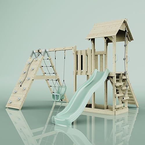 ReboOutdoor Spielturm mit Wellenrutsche, Klettergerüst mit Kletterturm, Kletterwand und Klettwernetz,Mintgrün