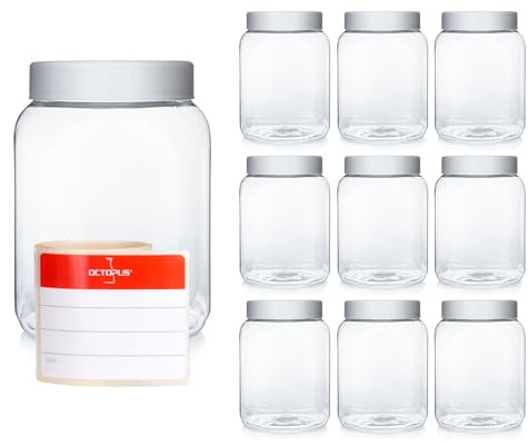 Octopus 10 hochtransparente PET-Weithalsdosen à 400 ml mit Schraubdeckel | Als Gewürzdose, Vorratsdose und Basteldose für Pulver, Süßigkeiten, Pigmente, Kleinteile und Flüssigkeiten