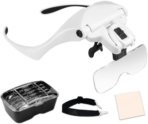 MOACC Lupenbrille mit Licht Hände Frei Kopfband Lupe Standlupe mit 2 LED für Hobby,Denest,Elektriker,Juweliere,Nähen,Handwerk,und ältere Menschen - 5 Wechselobjektive,1.0X,1.5X,2.0X,2.5X,3.5X