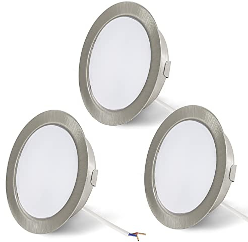 3er Set LED Einbaustrahler 12V LED Spot Warmweiß Dimmbar Möbeleinbauleuchte | 3,5W 300LM, Lochmass 55-58mm und 15mm Flach, 3000K, Einbauspots für Wohnmobil Wohnwagen Boot, Nickel
