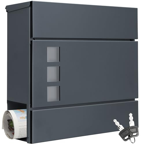 MONZANA® XXL Briefkasten Postkasten mit Zeitungsfach Sichtfenster abschließbar 2 Schlüssel Montagematerial Stahl modern einfache Montage Zeitungsrolle Wandbriefkasten Anthrazit