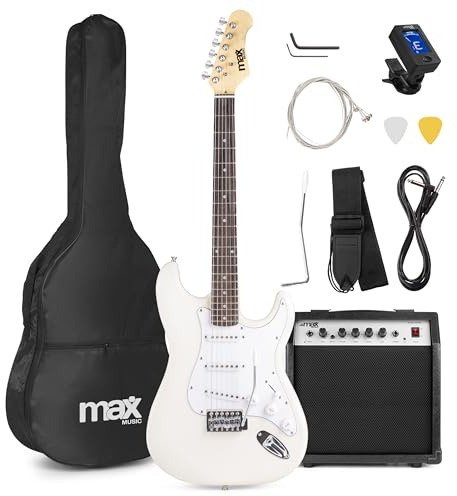 Max GigKit E Gitarre Set, E Guitar, Elektrogitarre mit Verstärker 40 Watt, Gitarrentasche, Plektrum, Gurt, Stimmgerät, Instrumentenkabel, Ersatzsaiten, 4/4 Electric Guitar, E Gitarren Set in Weiß
