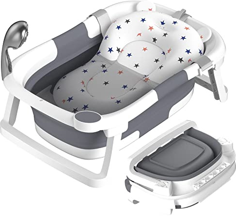 Rabb 1st Baby Badewanne Faltbare, Baby Bathtub Babywanne Faltbar Babybadewanne Tragbare Wanne für Neugeborene Kleinkinder mit Rutschfester Matte und Abflussloch (Kein Thermometer) (Grau)