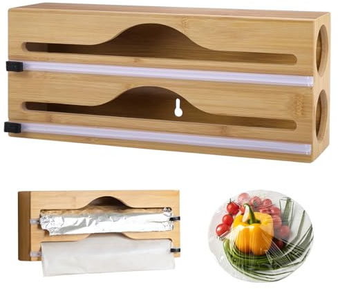 imposyu 2 in 1 Frischhaltefolienspender Folienschneider Folienabroller | Folienspender aus Holz mit Cutter für Schublade Organizer für Folien Küche, 33x14x7cm