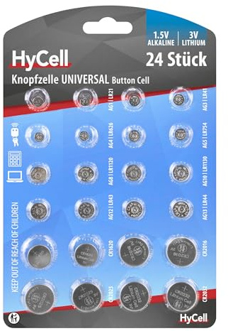 HyCell 24x Knopfzellen-Sparset/Je 2X CR2032 CR2025 CR2016 CR1620 LR41 LR43 LR44 LR626 LR621 LR754 LR1120 LR1130 / Ideal für Autoschlüssel TAN-Gerät Kinderspielzeug Uhren etc.