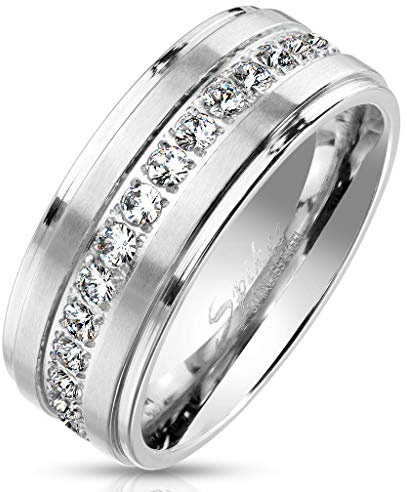 Paula & Fritz® Ring Damen gebürstete Streifen klare Zirkonien 316L Chirurgenstahl Größe 59 (18,8) Silber Verlobungsring Bandring Partnerring Ehering