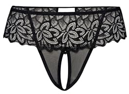Teyli Damen Ouvert Tanga - Tanga mit Loch - Höschen mit Offenem Schritt - Slips im Schritt Offen - Unterwäsche mit Spitze Blumenmotiv